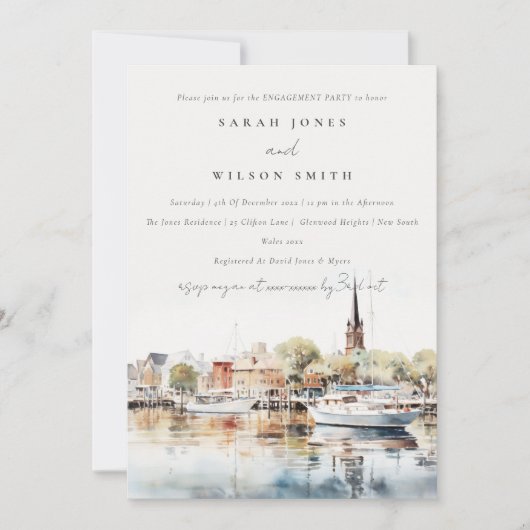 シックアナポリスメリーランドウォーターカラー婚約 招待状 (正面)