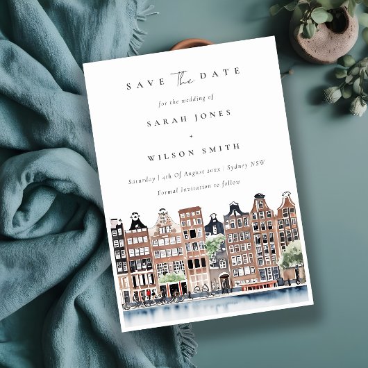 シックアムステルダムオランダカナルウォーターカラーランドスケープ セーブザデート