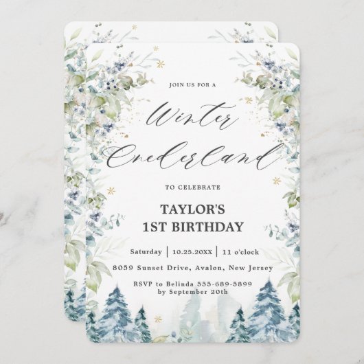 シックアルパインツリーズウィンターオンダーランド1歳の誕生日 招待状 (正面/裏面)