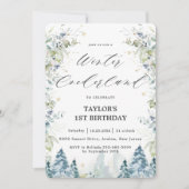 シックアルパインツリーズウィンターオンダーランド1歳の誕生日 招待状 (正面)