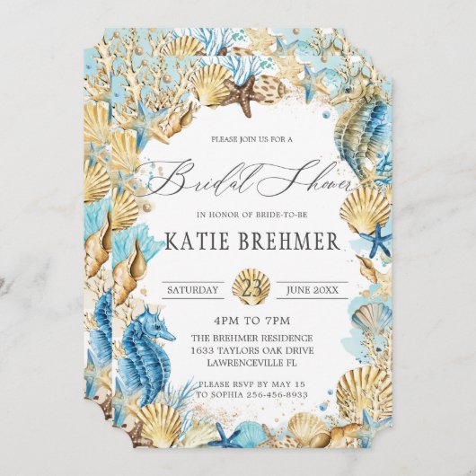 シックアンダーザシーマーメイドブライダルシャワーブルー金ゴールド 招待状 (正面/裏面)