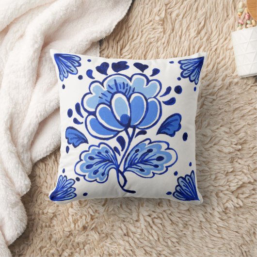 シックアンティークオランダデルフトブルーフラワーズパターン クッション (ブランケット)