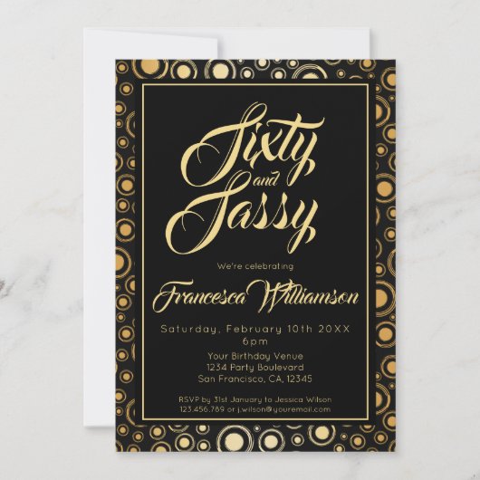 シックアンドサッシーエレガントブラック金ゴールド誕生会 招待状 (正面)