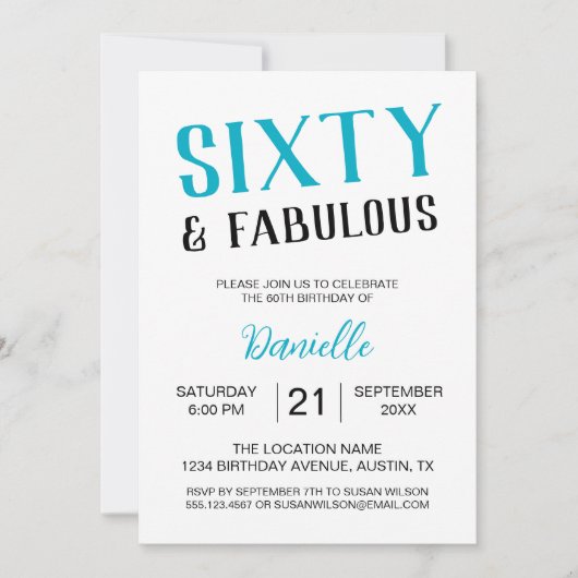 シックアンドファブラスターコイズ60誕生日 招待状 (正面)