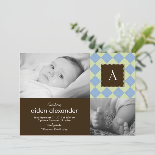 シックアーガイル柄の男の赤ちゃん誕生の発表 案内状 (スタンド正面)