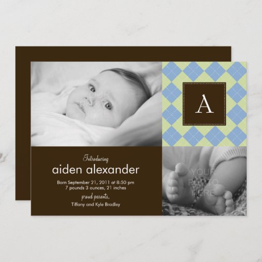シックアーガイル柄の男の赤ちゃん誕生の発表 案内状 (正面/裏面)