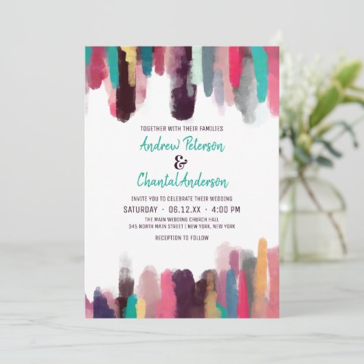 シックアートカラフル抽象芸術絵を描スミ結婚ッジ 招待状 (スタンド正面)