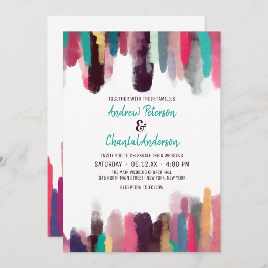 シックアートカラフル抽象芸術絵を描スミ結婚ッジ 招待状 (正面/裏面)