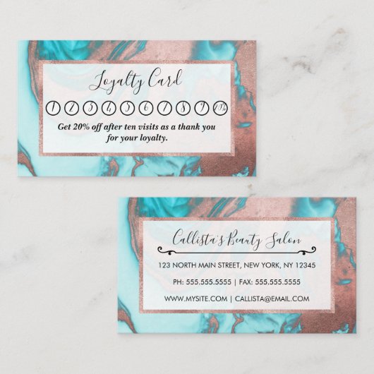 シックアートバラ金ゴールドアクアミントブルーマーブルパターン ロイヤリティカード (正面/裏面)