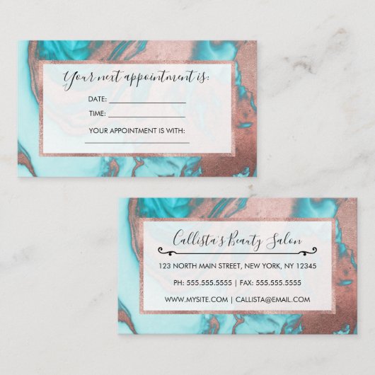 シックアートバラ金ゴールドアクアミントブルーマーブルパターン 予約カード (正面/裏面)