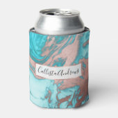 シックアートバラ金ゴールドアクアミントブルーマーブルパターン 缶クーラー (缶正面)
