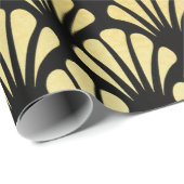 シックアールデコファンパターンブラック&フェイクゴールドフォイル ラッピングペーパー (ロールコーナー)