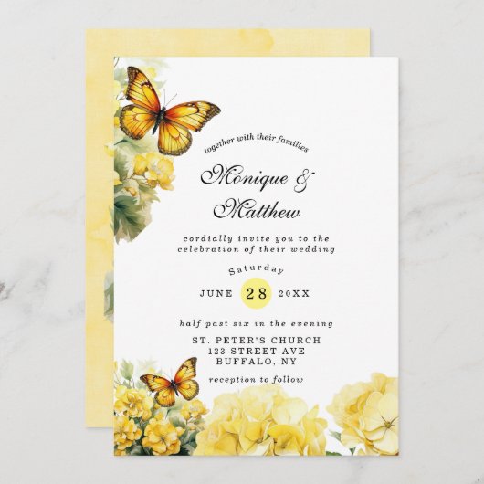 シックイエローアジランゲアバタフライ結婚式招待状 招待状 (正面/裏面)