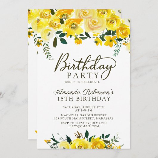 シックイエローウォーターバラフローラ18th誕生日 招待状 (正面/裏面)