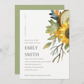 シックイエローヒマワリフローラブライダルシャワー招待状 サンキューカード (正面/裏面)