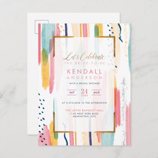 シックイエローメ絵を描ムフィス芸術的ブライダルシャワー インビテーションポストカード (正面/裏面)