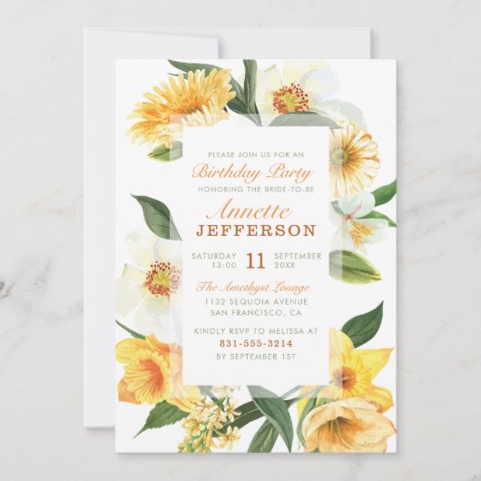 シックイエロー春アネモネスフローラ誕生日パーティー 招待状 (正面)