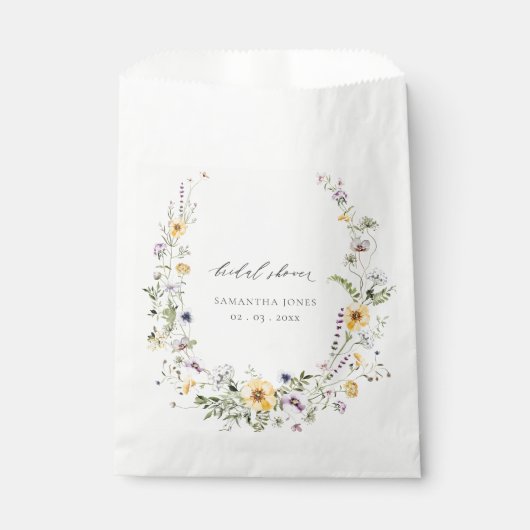 シックイエロー薄紫ワイルドフラワーリースブライダルシャワー フェイバーバッグ (正面)