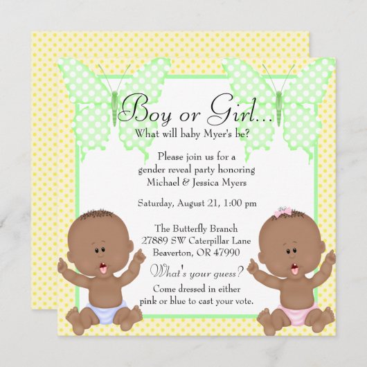 シックイエロー&グリーンバタフライのジェンダーリビール 招待状 (正面/裏面)