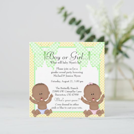 シックイエロー&グリーンバタフライのジェンダーリビール 招待状 (スタンド正面)