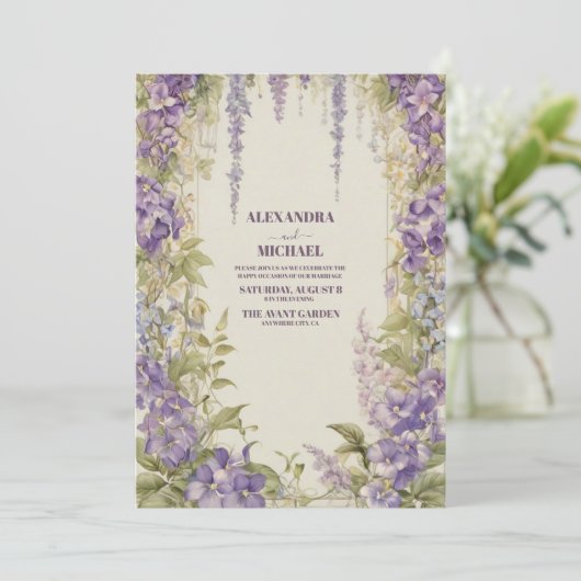 シックウィステリア薄紫フローラユニークリース結婚ズ 招待状 (スタンド正面)