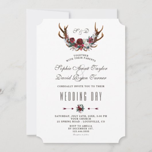 シックウィンターブルゴーニュフローラ〔雄ジカの〕枝角金ゴールド結婚ズ 招待状 (正面)