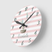 シックウォーターカラーサボテン、ピンクストライプ   ラウンド壁時計 (傾斜)