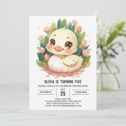 シックウォーターカラーダック誕生日 招待状 (スタンド正面)