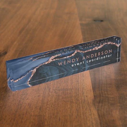 シックウォーターカラーネイビーブルーバラ金ゴールドグリッターアゲート デスクネームプレート (側面)