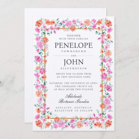 シックウォーターカラーフラワーボタニカル庭園の結婚式 招待状 (正面/裏面)