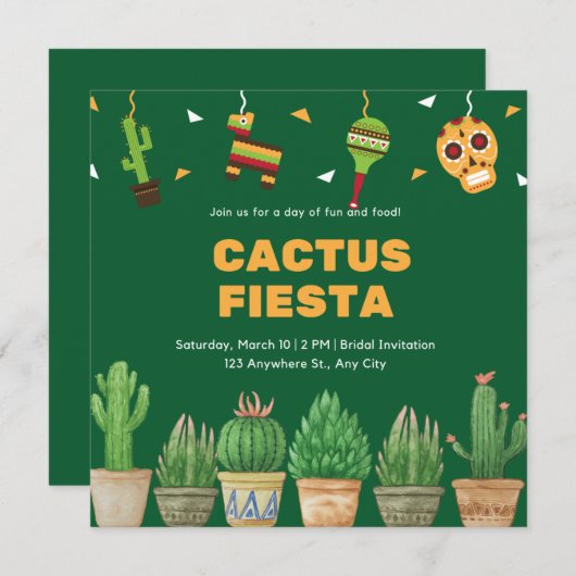 シックウォーターカラーフローラカクタスフィエスタブライダルシャワー 招待状 (正面/裏面)