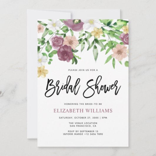 シックウォーターカラーフローラガーデンブライダルシャワー 招待状 (正面)