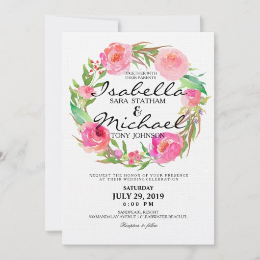 シックウォーターカラーフローラリース結婚式招待状7 招待状 (正面)