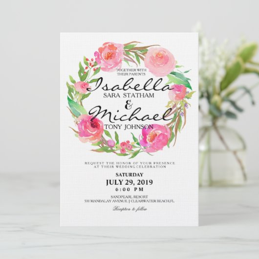 シックウォーターカラーフローラリース結婚式招待状7 招待状 (スタンド正面)