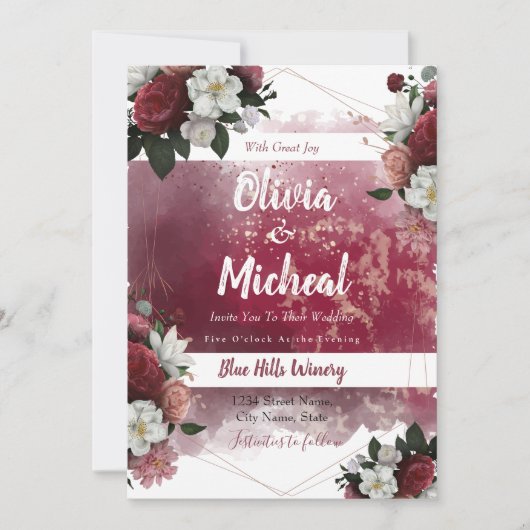 シックウォーターカラーフローラレッドブルグンディテーマ招待状 招待状 (正面)