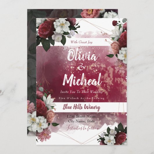 シックウォーターカラーフローラレッドブルグンディテーマ招待状 招待状 (正面/裏面)