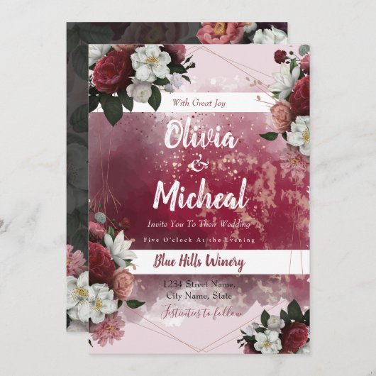 シックウォーターカラーフローラレッドブルグンディテーマ招待状 招待状 (正面/裏面)