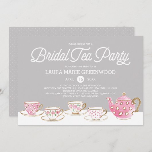 シックウォーターカラーブライダルティーパーティーブライダルシャワー 招待状 (正面/裏面)