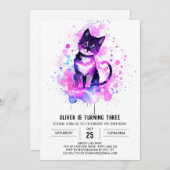 シックウォーターカラー子猫誕生日 招待状 (正面/裏面)