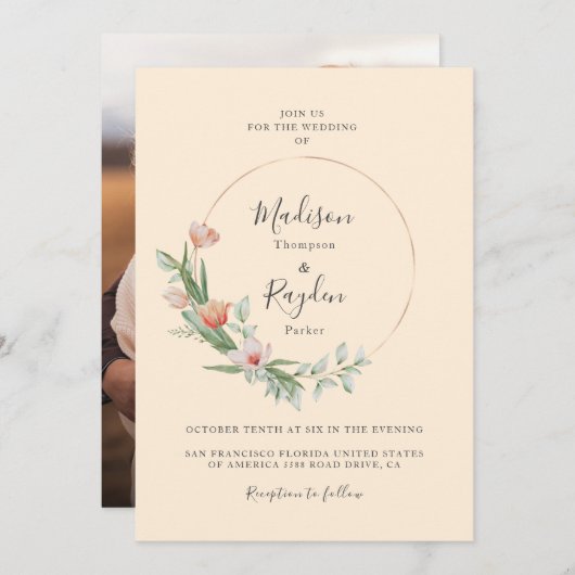 シックウォーターフローラ縁どリングや輪ベージュ結婚ズ 招待状 (正面/裏面)