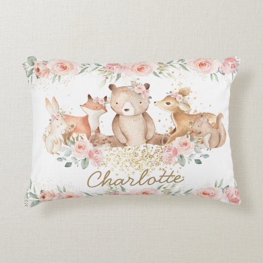 シックウッドランドアニマルズ赤面フローラ新生児ガール アクセントクッション (正面)