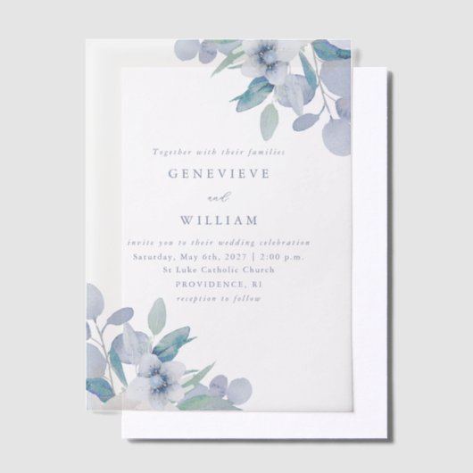シックエアリーブルーフローラブーケ結婚ス ベラム紙招待状 (オフセット)