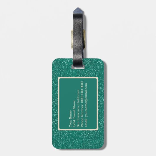 シックエメラルドグリーングリッターアイボリーカスタムモノグラム ラゲッジタグ (裏面縦)