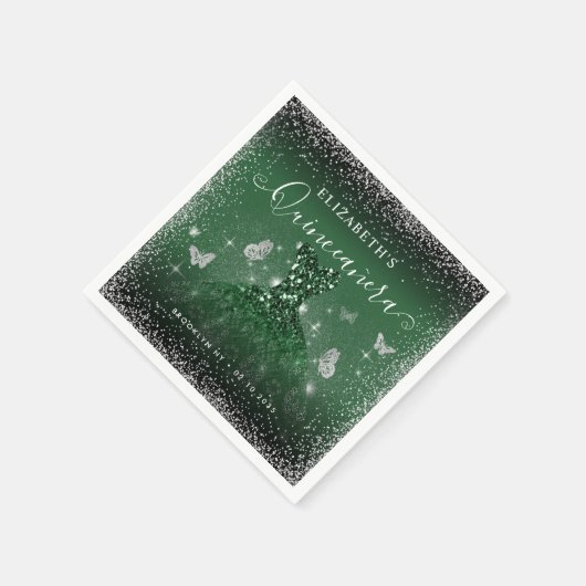 シックエメラルドグリーンシルバーグリッターガウンキンセアニラ スタンダードカクテルナプキン (角)