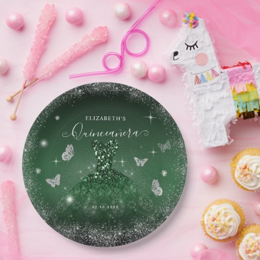 シックエメラルドグリーンシルバーグリッターガウンキンセアニラ ペーパープレート (パーティー)