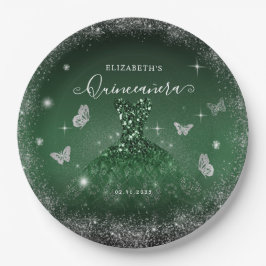 シックエメラルドグリーンシルバーグリッターガウンキンセアニラ ペーパープレート