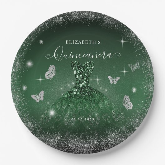 シックエメラルドグリーンシルバーグリッターガウンキンセアニラ ペーパープレート (正面)