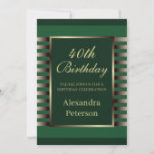 シックエメラルドグリーンストライプ金ゴールド幾何学的誕生日 招待状 (正面)