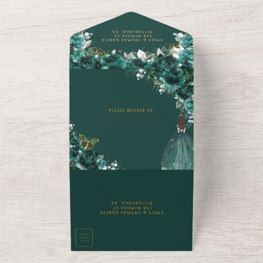 シックエメラルドグリーンフローラキンセアニェラプリンセス オールインワン招待状 (外側)