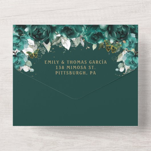 シックエメラルドグリーンフローラキンセアニェラプリンセス オールインワン招待状 (裏面)